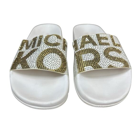 MICHAEL KORS Womens White And Gold Rhinestone Gilmore Slip On Sandals Slides 8M - Picture 3 of 10